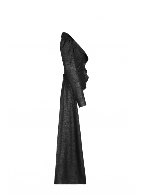 Front Metal Button Long Sleeve Lace Frill Back Waist Lace-Up Rear Long Hem Black Gothic Knitted Crack Coat