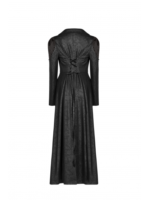 Front Metal Button Long Sleeve Lace Frill Back Waist Lace-Up Rear Long Hem Black Gothic Knitted Crack Coat