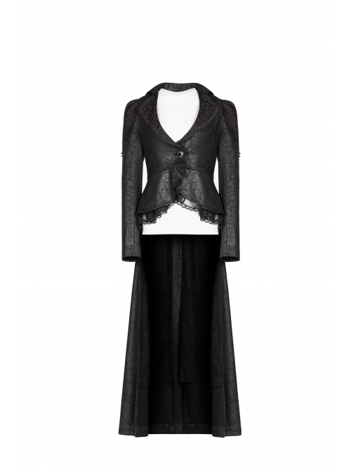 Front Metal Button Long Sleeve Lace Frill Back Waist Lace-Up Rear Long Hem Black Gothic Knitted Crack Coat