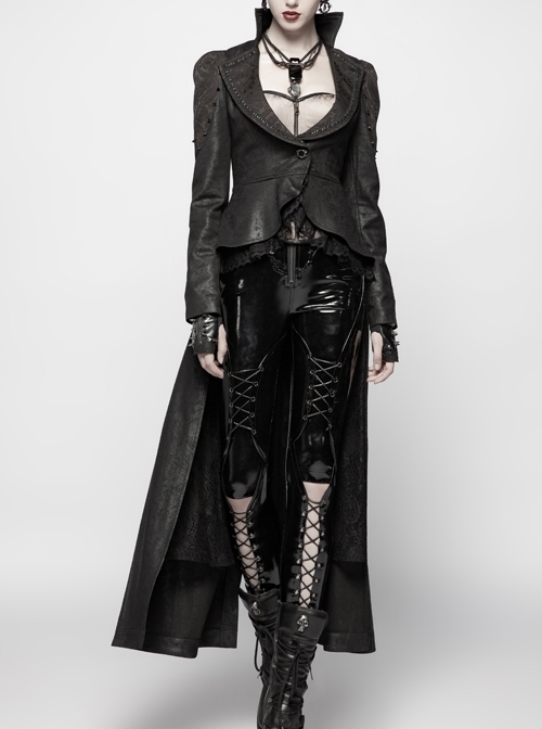 Front Metal Button Long Sleeve Lace Frill Back Waist Lace-Up Rear Long Hem Black Gothic Knitted Crack Coat