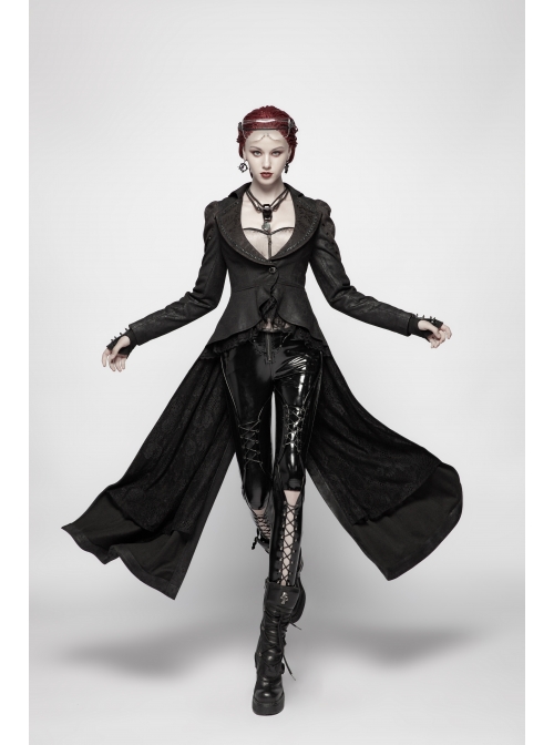 Front Metal Button Long Sleeve Lace Frill Back Waist Lace-Up Rear Long Hem Black Gothic Knitted Crack Coat