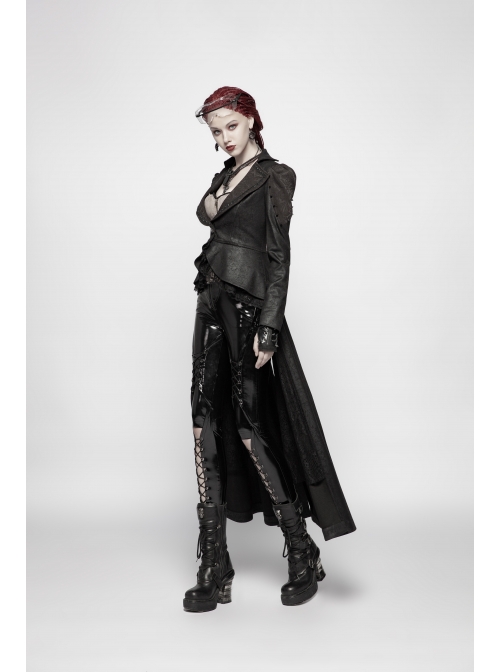 Front Metal Button Long Sleeve Lace Frill Back Waist Lace-Up Rear Long Hem Black Gothic Knitted Crack Coat