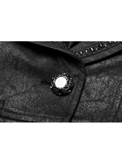 Front Metal Button Long Sleeve Lace Frill Back Waist Lace-Up Rear Long Hem Black Gothic Knitted Crack Coat