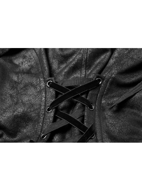 Front Metal Button Long Sleeve Lace Frill Back Waist Lace-Up Rear Long Hem Black Gothic Knitted Crack Coat