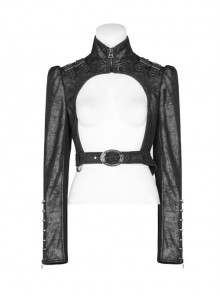 High Collar Front Zipper Long Sleeve Metal Buckle Leather Belt Back Lace-Up Black Glossy Crack Punk Short Jacket