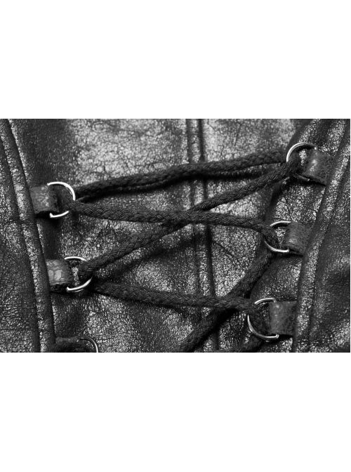High Collar Front Zipper Long Sleeve Metal Buckle Leather Belt Back Lace-Up Black Glossy Crack Punk Short Jacket