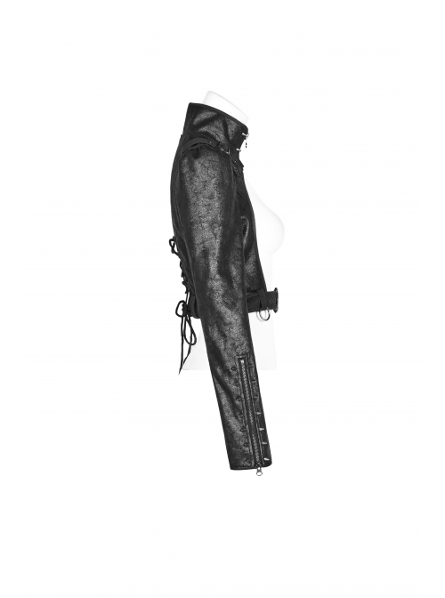 High Collar Front Zipper Long Sleeve Metal Buckle Leather Belt Back Lace-Up Black Glossy Crack Punk Short Jacket