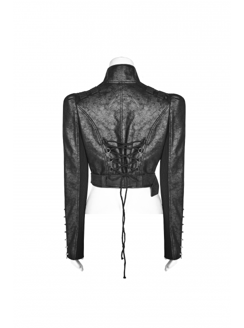 High Collar Front Zipper Long Sleeve Metal Buckle Leather Belt Back Lace-Up Black Glossy Crack Punk Short Jacket