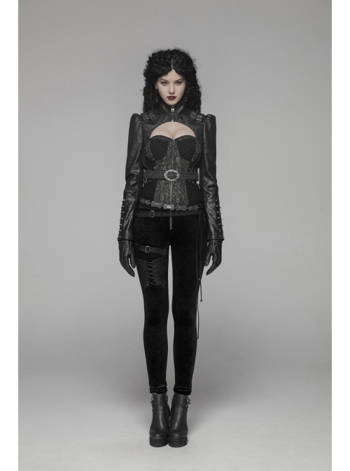 High Collar Front Zipper Long Sleeve Metal Buckle Leather Belt Back Lace-Up Black Glossy Crack Punk Short Jacket