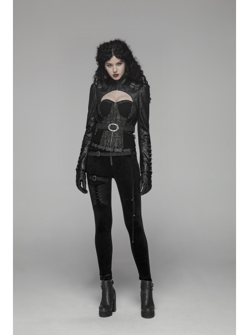 High Collar Front Zipper Long Sleeve Metal Buckle Leather Belt Back Lace-Up Black Glossy Crack Punk Short Jacket