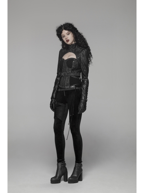 High Collar Front Zipper Long Sleeve Metal Buckle Leather Belt Back Lace-Up Black Glossy Crack Punk Short Jacket