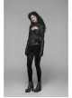 High Collar Front Zipper Long Sleeve Metal Buckle Leather Belt Back Lace-Up Black Glossy Crack Punk Short Jacket