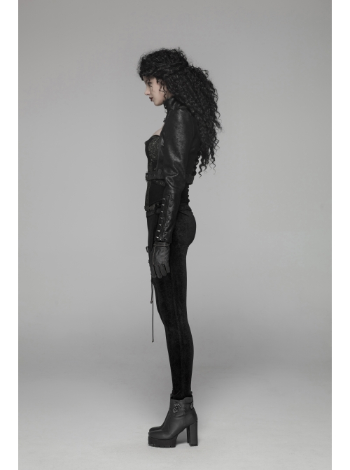 High Collar Front Zipper Long Sleeve Metal Buckle Leather Belt Back Lace-Up Black Glossy Crack Punk Short Jacket