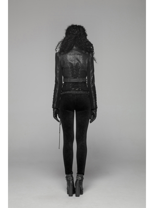 High Collar Front Zipper Long Sleeve Metal Buckle Leather Belt Back Lace-Up Black Glossy Crack Punk Short Jacket