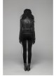 High Collar Front Zipper Long Sleeve Metal Buckle Leather Belt Back Lace-Up Black Glossy Crack Punk Short Jacket