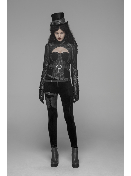 High Collar Front Zipper Long Sleeve Metal Buckle Leather Belt Back Lace-Up Black Glossy Crack Punk Short Jacket