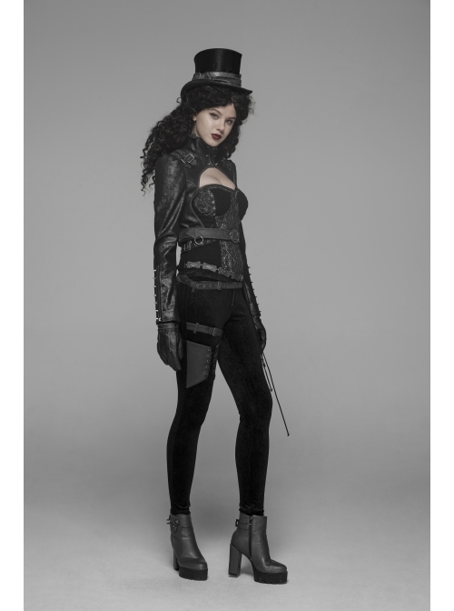 High Collar Front Zipper Long Sleeve Metal Buckle Leather Belt Back Lace-Up Black Glossy Crack Punk Short Jacket