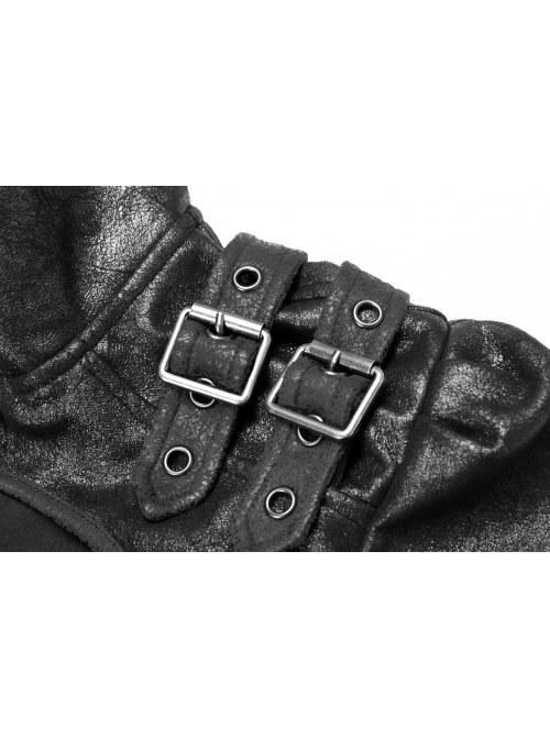 High Collar Front Zipper Long Sleeve Metal Buckle Leather Belt Back Lace-Up Black Glossy Crack Punk Short Jacket