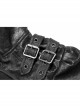 High Collar Front Zipper Long Sleeve Metal Buckle Leather Belt Back Lace-Up Black Glossy Crack Punk Short Jacket