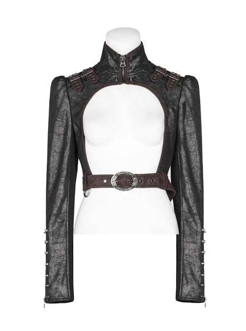 High Collar Front Zipper Long Sleeve Metal Buckle Brown Leather Belt Back Lace-Up Black Glossy Crack Punk Short Jacket