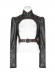 High Collar Front Zipper Long Sleeve Metal Buckle Brown Leather Belt Back Lace-Up Black Glossy Crack Punk Short Jacket