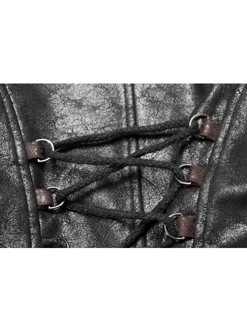 High Collar Front Zipper Long Sleeve Metal Buckle Brown Leather Belt Back Lace-Up Black Glossy Crack Punk Short Jacket