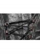 High Collar Front Zipper Long Sleeve Metal Buckle Brown Leather Belt Back Lace-Up Black Glossy Crack Punk Short Jacket