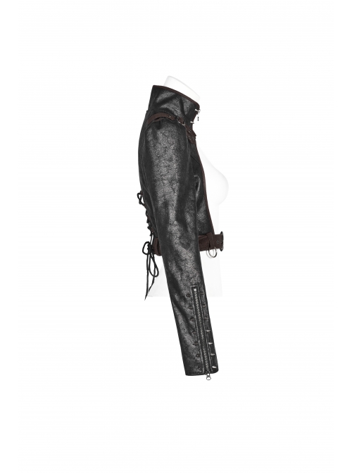 High Collar Front Zipper Long Sleeve Metal Buckle Brown Leather Belt Back Lace-Up Black Glossy Crack Punk Short Jacket