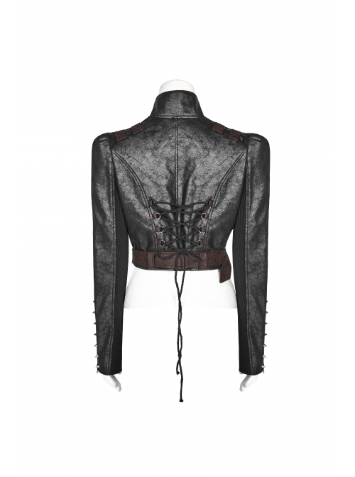High Collar Front Zipper Long Sleeve Metal Buckle Brown Leather Belt Back Lace-Up Black Glossy Crack Punk Short Jacket