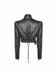 High Collar Front Zipper Long Sleeve Metal Buckle Brown Leather Belt Back Lace-Up Black Glossy Crack Punk Short Jacket
