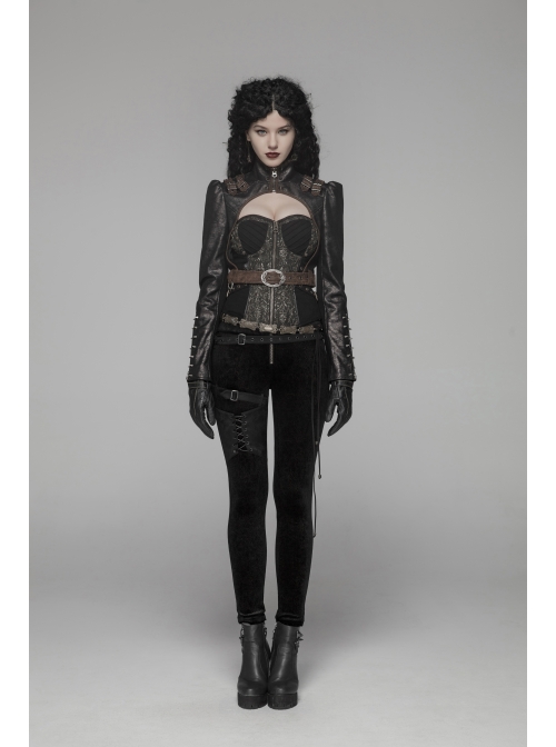 High Collar Front Zipper Long Sleeve Metal Buckle Brown Leather Belt Back Lace-Up Black Glossy Crack Punk Short Jacket