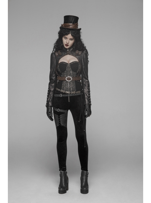 High Collar Front Zipper Long Sleeve Metal Buckle Brown Leather Belt Back Lace-Up Black Glossy Crack Punk Short Jacket