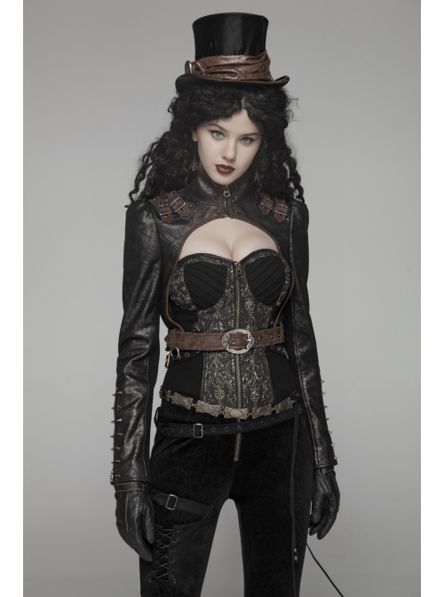 High Collar Front Zipper Long Sleeve Metal Buckle Brown Leather Belt Back Lace-Up Black Glossy Crack Punk Short Jacket