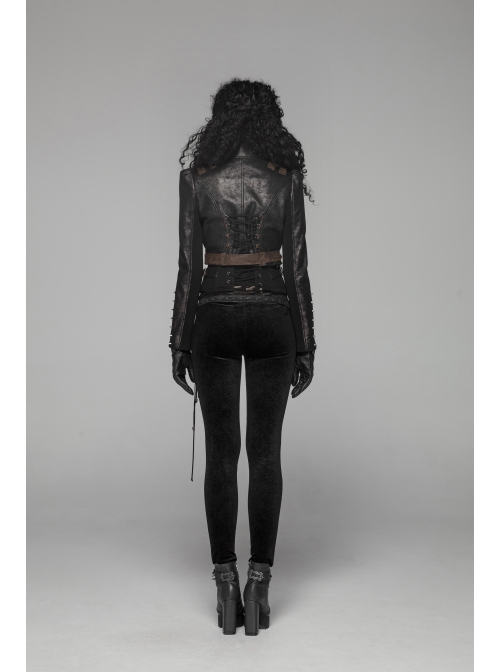 High Collar Front Zipper Long Sleeve Metal Buckle Brown Leather Belt Back Lace-Up Black Glossy Crack Punk Short Jacket