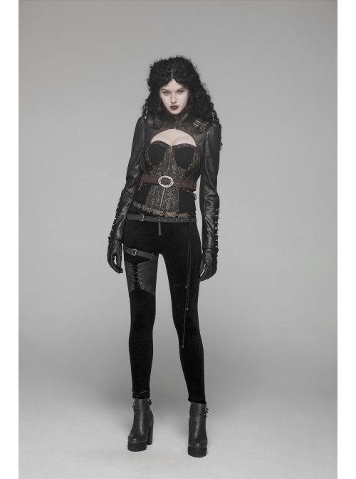 High Collar Front Zipper Long Sleeve Metal Buckle Brown Leather Belt Back Lace-Up Black Glossy Crack Punk Short Jacket