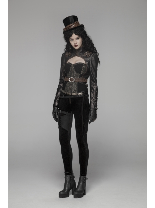 High Collar Front Zipper Long Sleeve Metal Buckle Brown Leather Belt Back Lace-Up Black Glossy Crack Punk Short Jacket