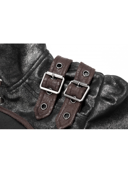 High Collar Front Zipper Long Sleeve Metal Buckle Brown Leather Belt Back Lace-Up Black Glossy Crack Punk Short Jacket