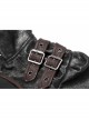 High Collar Front Zipper Long Sleeve Metal Buckle Brown Leather Belt Back Lace-Up Black Glossy Crack Punk Short Jacket