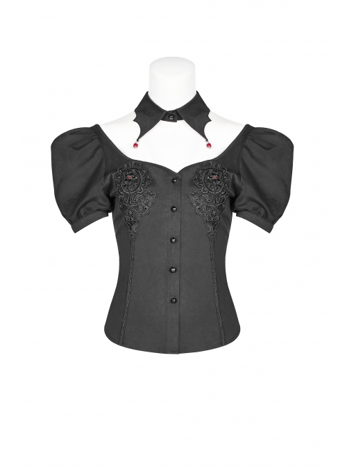 Pendant Collar Front Chest Positioning Lace Flower Bubble Sleeve Back Waist Lace-Up Black Gothic Blouse
