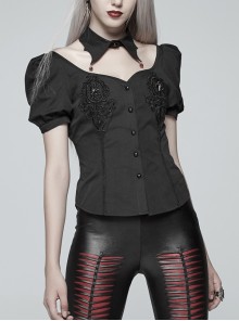 Pendant Collar Front Chest Positioning Lace Flower Bubble Sleeve Back Waist Lace-Up Black Gothic Blouse