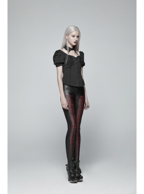 Pendant Collar Front Chest Positioning Lace Flower Bubble Sleeve Back Waist Lace-Up Black Gothic Blouse