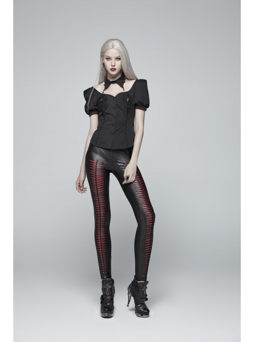 Pendant Collar Front Chest Positioning Lace Flower Bubble Sleeve Back Waist Lace-Up Black Gothic Blouse
