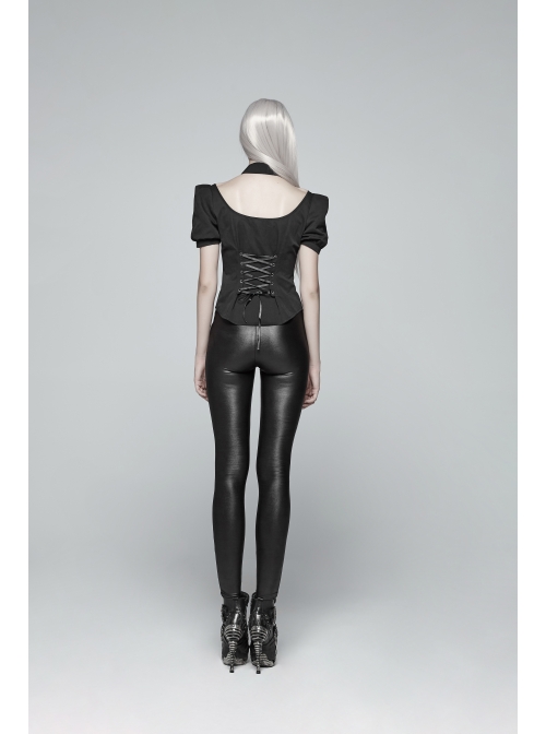 Pendant Collar Front Chest Positioning Lace Flower Bubble Sleeve Back Waist Lace-Up Black Gothic Blouse
