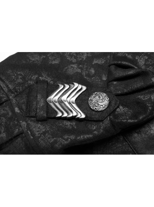 Black Dark Print Woven Frill Collar Front Chest Strap Metal Buckle Belt Black Punk Short Coat