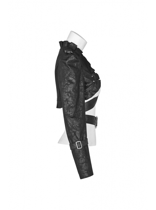 Black Dark Print Woven Frill Collar Front Chest Strap Metal Buckle Belt Black Punk Short Coat