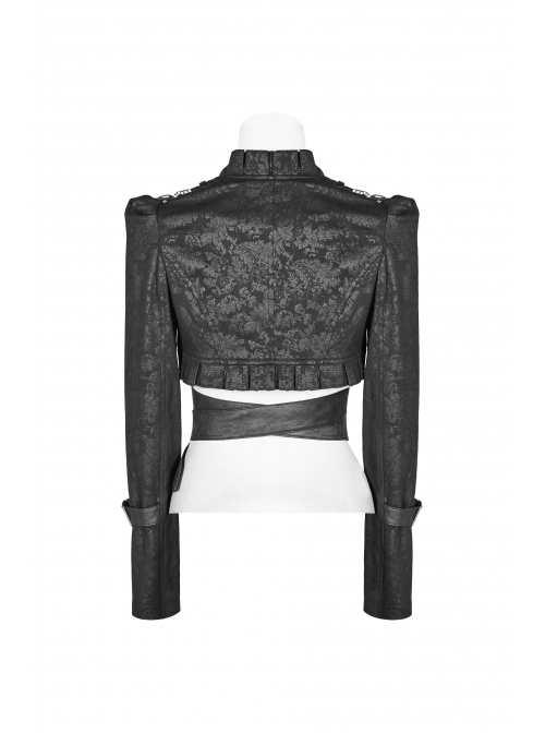 Black Dark Print Woven Frill Collar Front Chest Strap Metal Buckle Belt Black Punk Short Coat