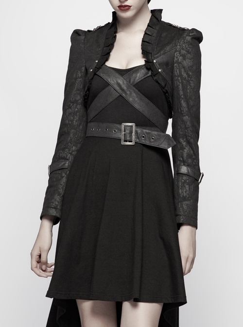 Black Dark Print Woven Frill Collar Front Chest Strap Metal Buckle Belt Black Punk Short Coat