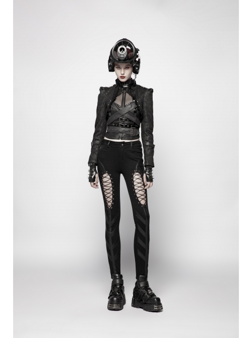 Black Dark Print Woven Frill Collar Front Chest Strap Metal Buckle Belt Black Punk Short Coat