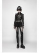 Black Dark Print Woven Frill Collar Front Chest Strap Metal Buckle Belt Black Punk Short Coat