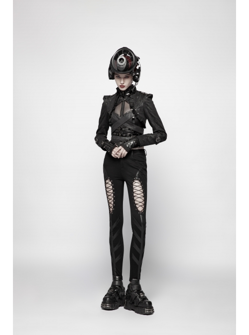 Black Dark Print Woven Frill Collar Front Chest Strap Metal Buckle Belt Black Punk Short Coat